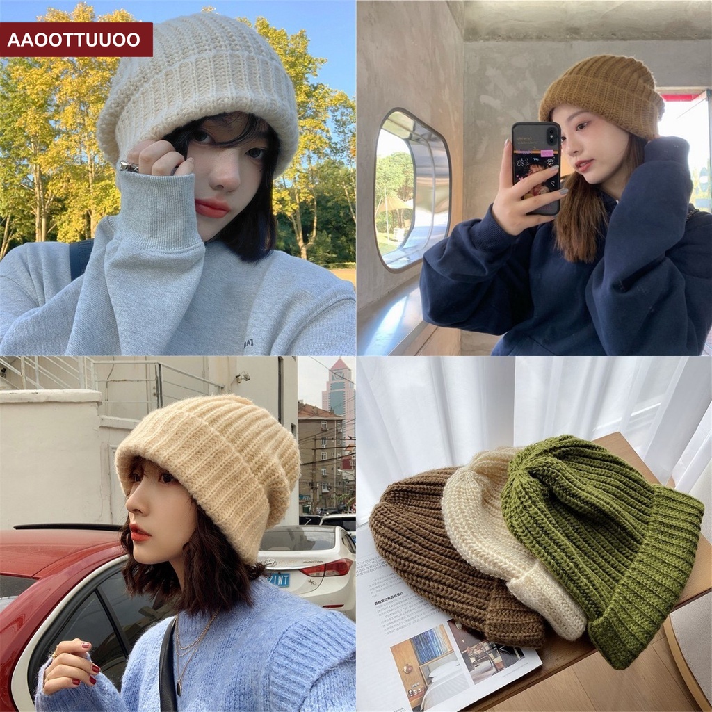 Mũ len dệt kim dáng rộng màu sắc đơn giản giữ ấm mùa đông cho nữ