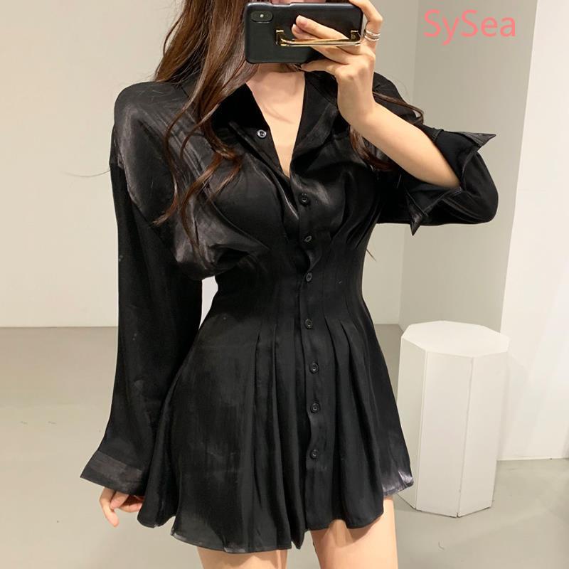 Đầm chiffon tay dài xếp ly thời trang công sở thanh lịch cho nữ