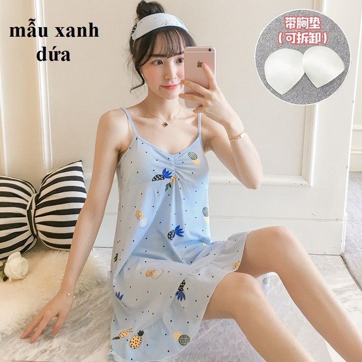 [XẢ KHO 1 NGÀY] VÁY NGỦ hai dây có đệm ngực đuôi xếp li ( tặng kèm bịt mắt )