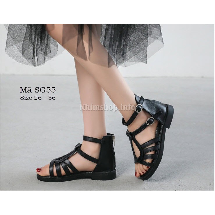 Sandal chiến binh bé gái - sandal bé gái cao cổ phong cách Hàn Quốc da PU mềm đế bám màu đen thời trang SG55