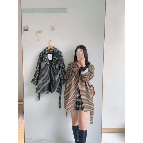 [HÀNG SẴN]ÁO KHOÁC DẠ TWEED kẻ caro kèm đai thắt eo 2 lớp cực xinh
