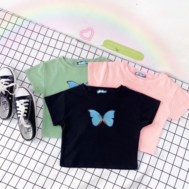 Áo croptop nữ trắng đen tay ngắn ôm body tôn dáng in hình bướm SIB009