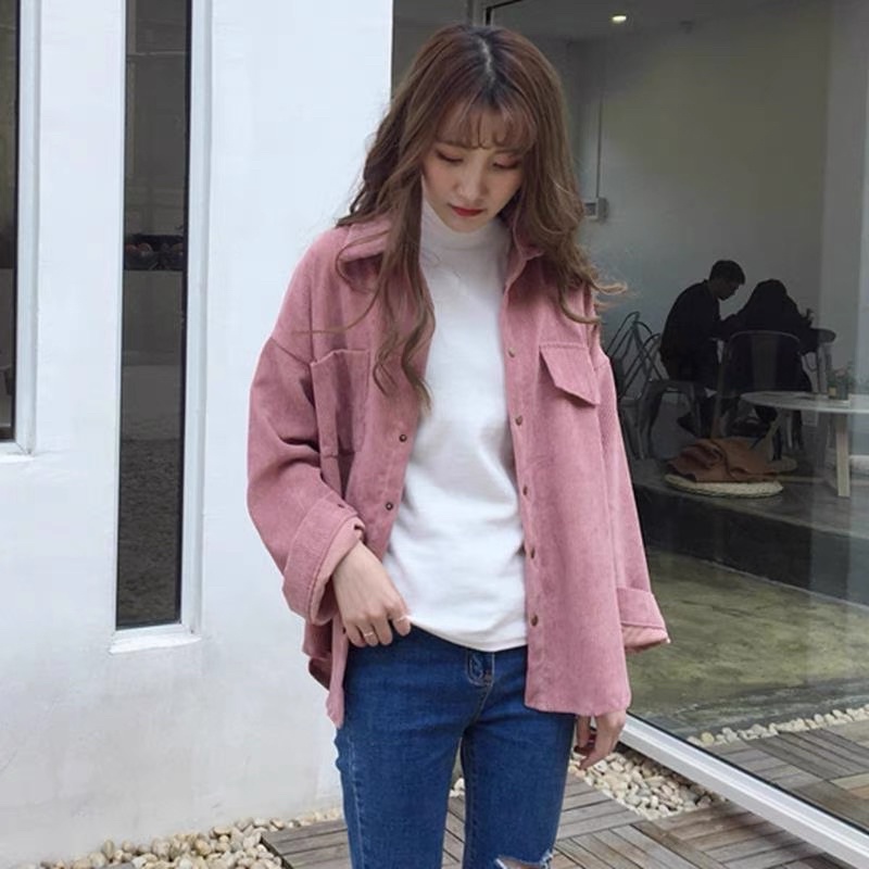 Áo khoác dáng sơmi có cổ nút cài kaki nhung gân có túi unisex ulzzang nam nữ