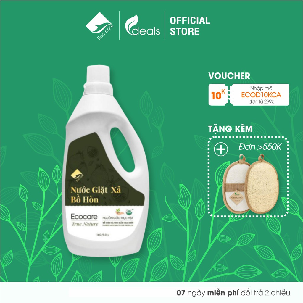 Nước giặt xả hữu cơ Bồ Hòn tinh dầu Hoa Bưởi ECOCARE 1 lít - Bền màu, giữ dáng, làm mềm vải