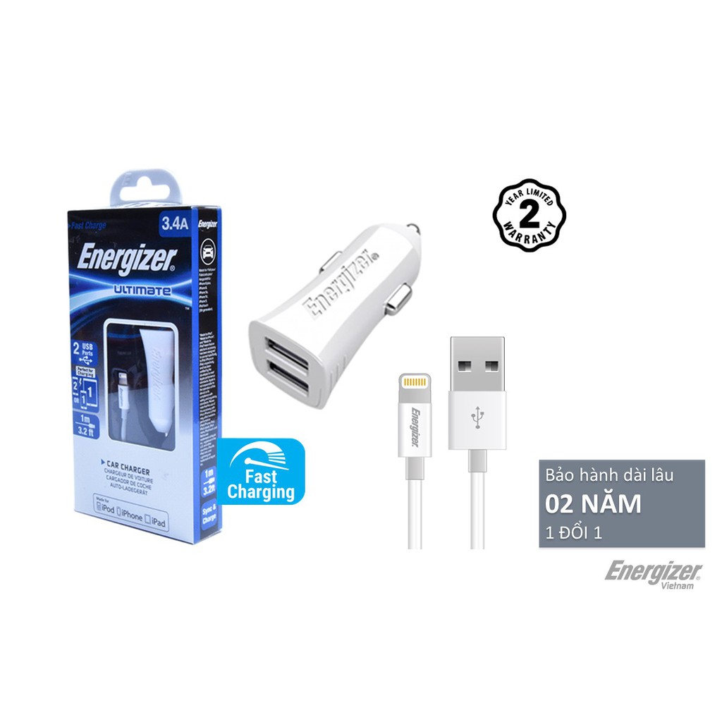 Combo sạc dự phòng 10,000mAh UE10053 + Sạc Ô tô Energizer UL 3.4A 2 USB kèm 1 Cáp Lightning DCA2CULI3