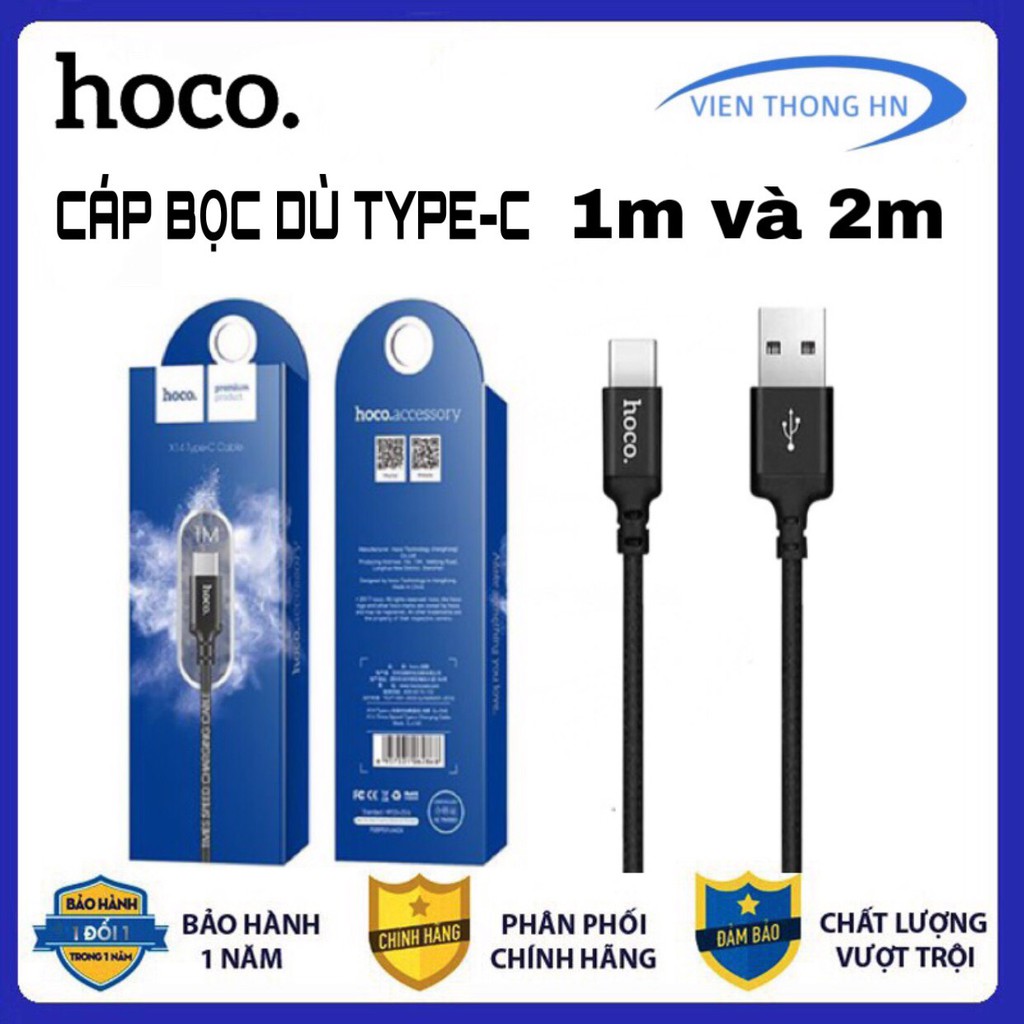 Dây sạc nhanh bọc dù type c hoco x14 - cáp sạc nhanh type c bọc dù dây dài 1m 2m hoco x14 - vienthonghn