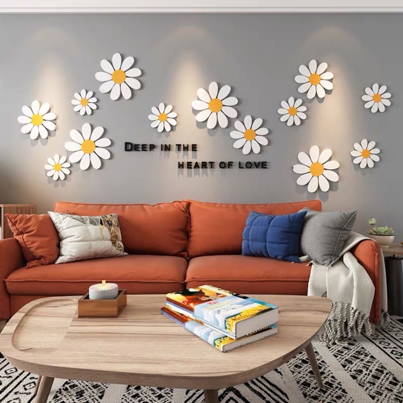 Decal dán tường mica cúc hoạ mi trắng trang trí phòng khách, quán cafe, phòng trà