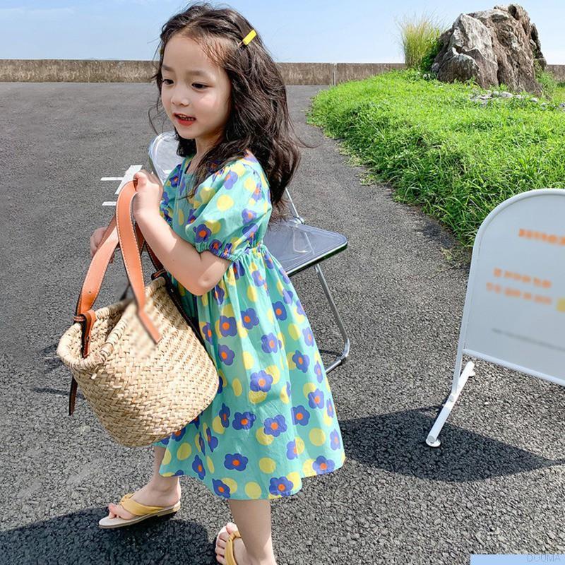 Đầm tay phồng hở lưng họa tiết hoa phong cách retro Hàn Quốc thời trang dễ thương cho bé gái