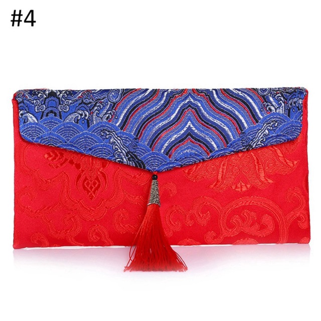 Lì xì vải gấm cao cấp dập vân nổi - Tua rua đính ngọc, bao lì xì vải gấm thêu chỉ nổi , bao lì xì tết