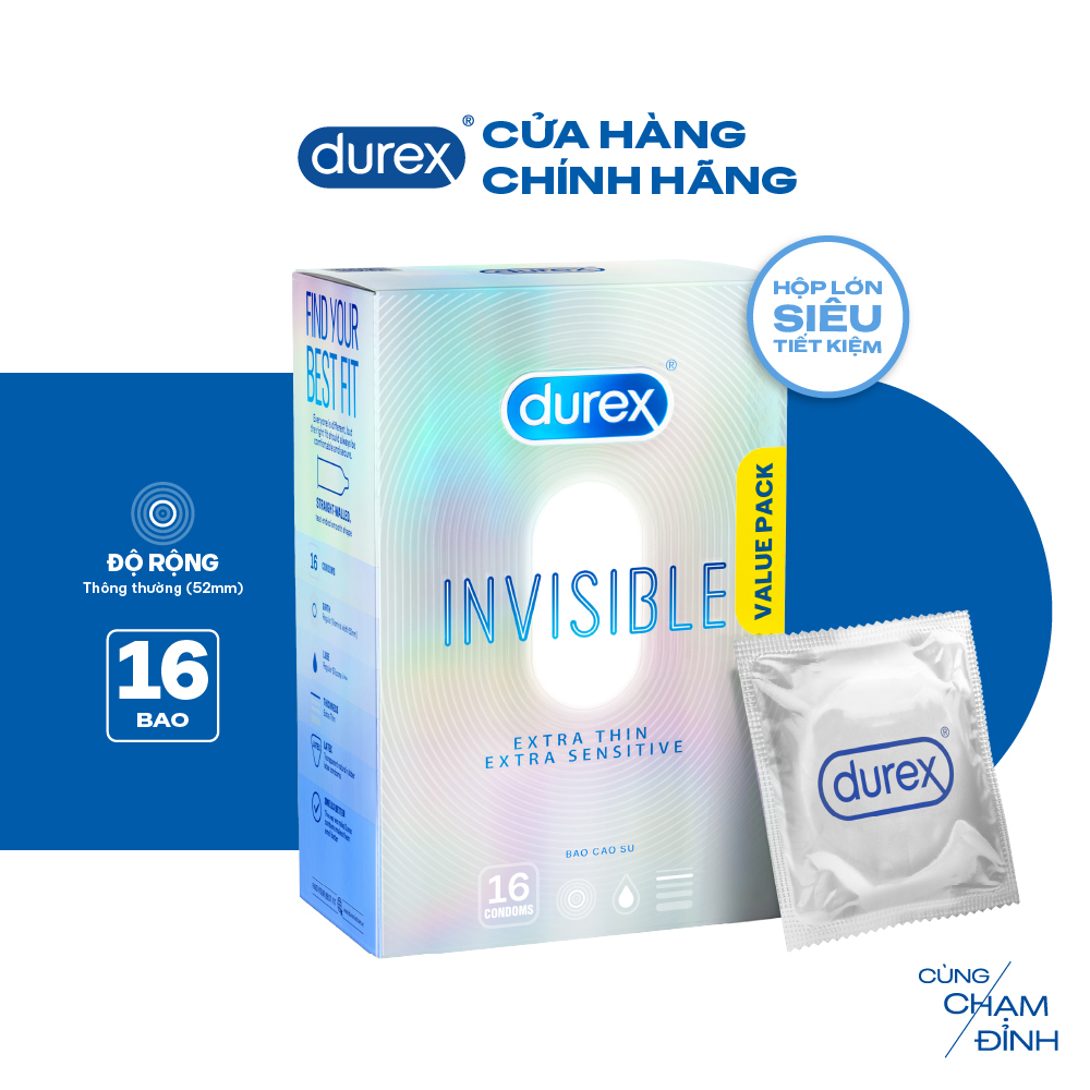 [ĐỘC QUYỀN] Bao Cao Su Durex Invisible Siêu Mỏng, Size 52 mm, Hộp 16 Bao Mới Ra Mắt - Hộp Lớn Siêu Tiết Kiệm