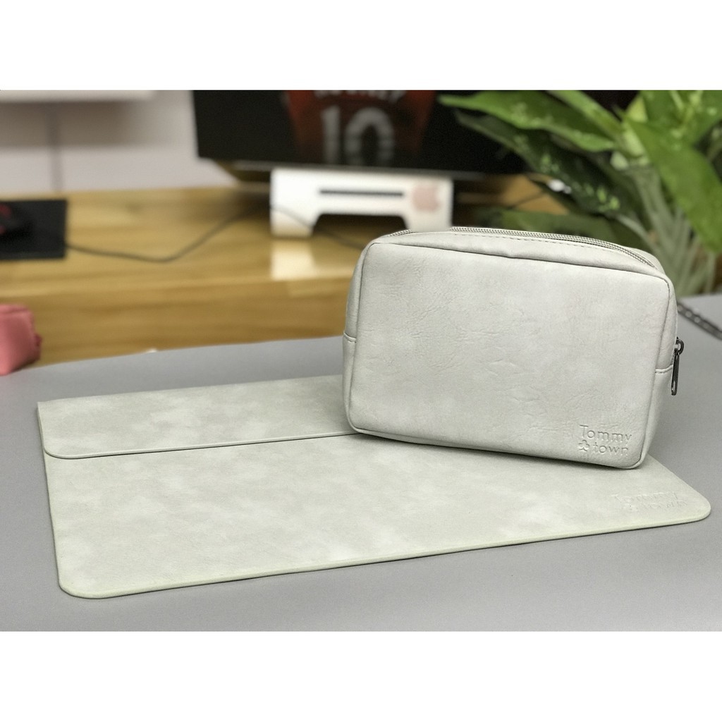 Combo Bao Da + Túi Đựng Sạc Cao Cấp Cho Macbook Tommy Town - Xám