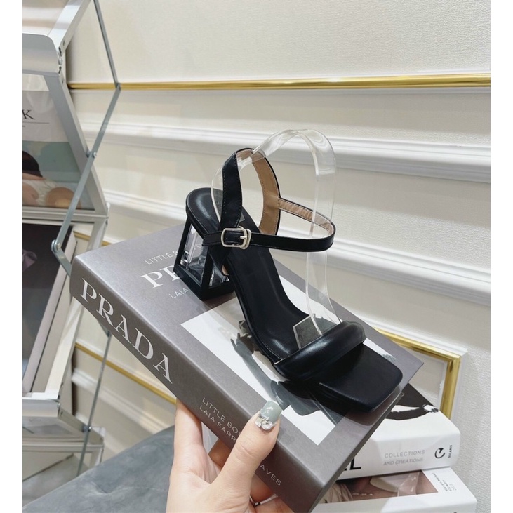 L208: sandal da mềm gót hộp thuỷ tinh, gót vuông 7cm