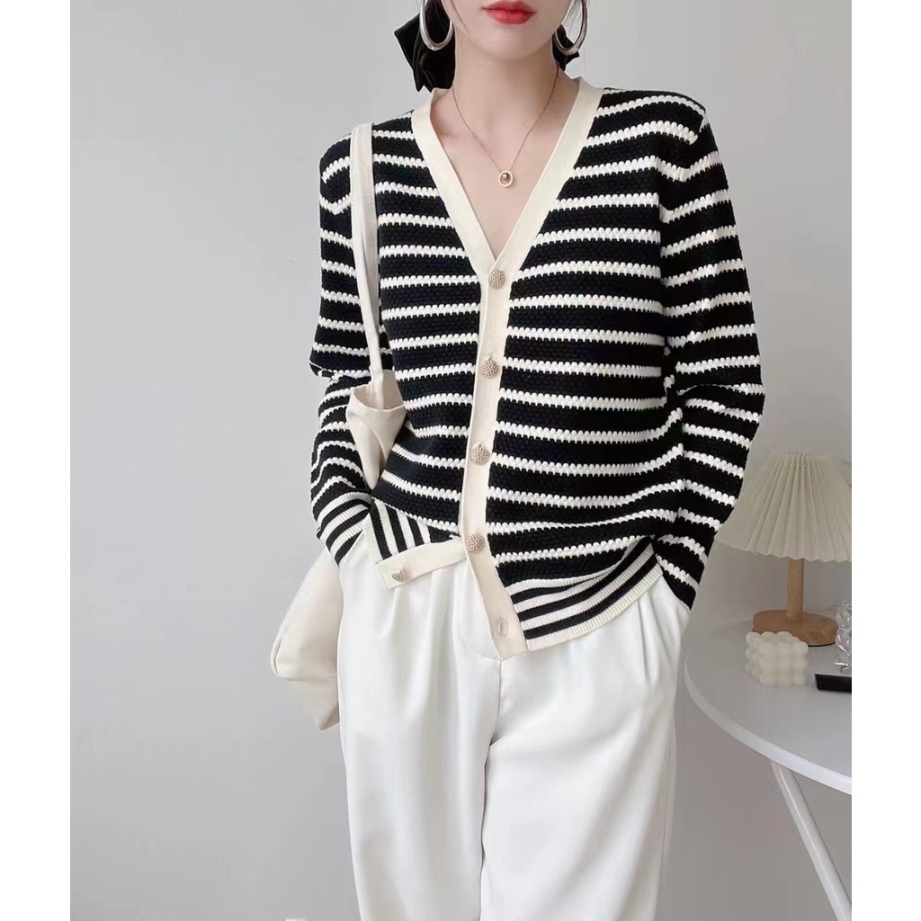 Áo cardigan dệt kim ZHELIHANGFEI tay dài dáng ôm kẻ sọc trẻ trung thời trang