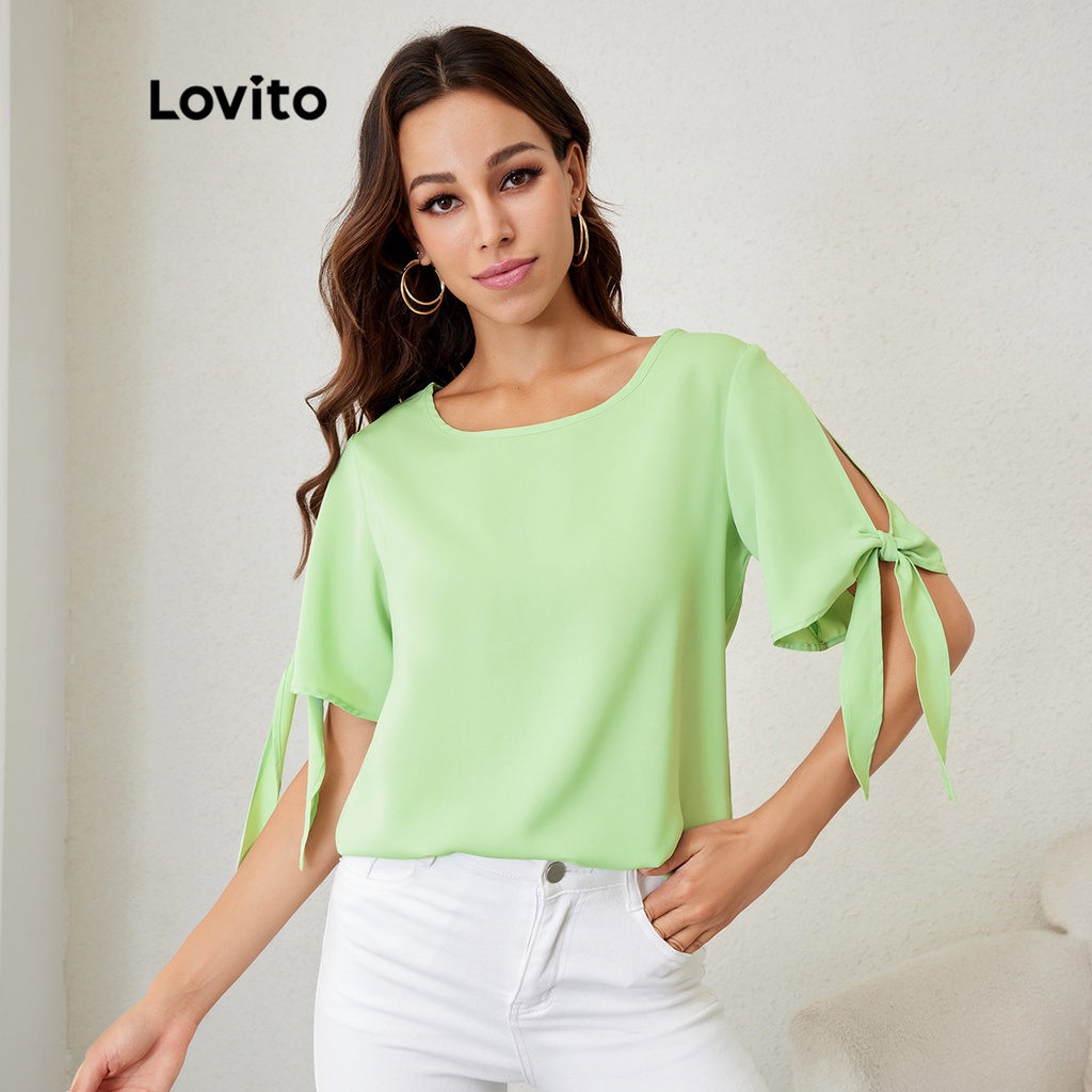 Lovito Áo cánh cổ thuyền ngắn tay phối ren giản dị L24LD043 (Xanh lá cây)