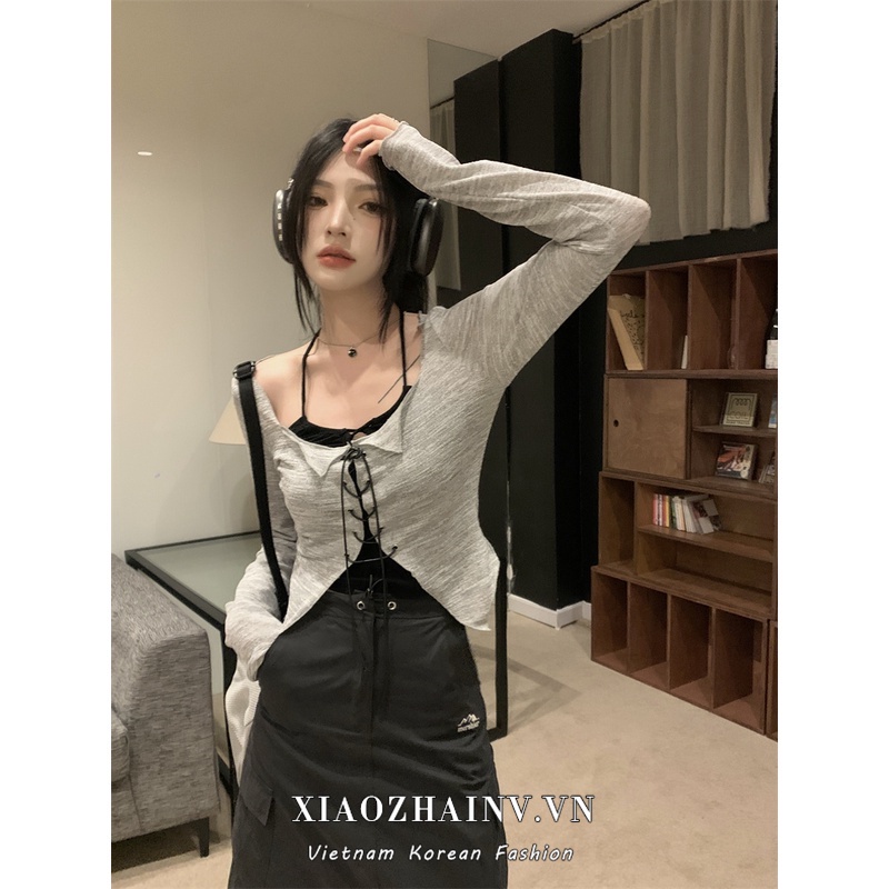 Set đồ hai mảnh XIAOZHAINV gồm áo hai dây +a so khoác cardigan dệt kim phong cách Hàn Quốc thời trang cho nữ