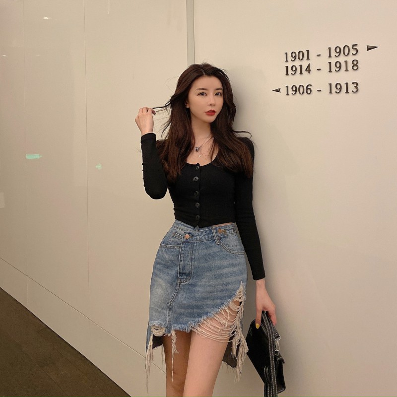 Váy jeans ngắn rách xanh ulzzang