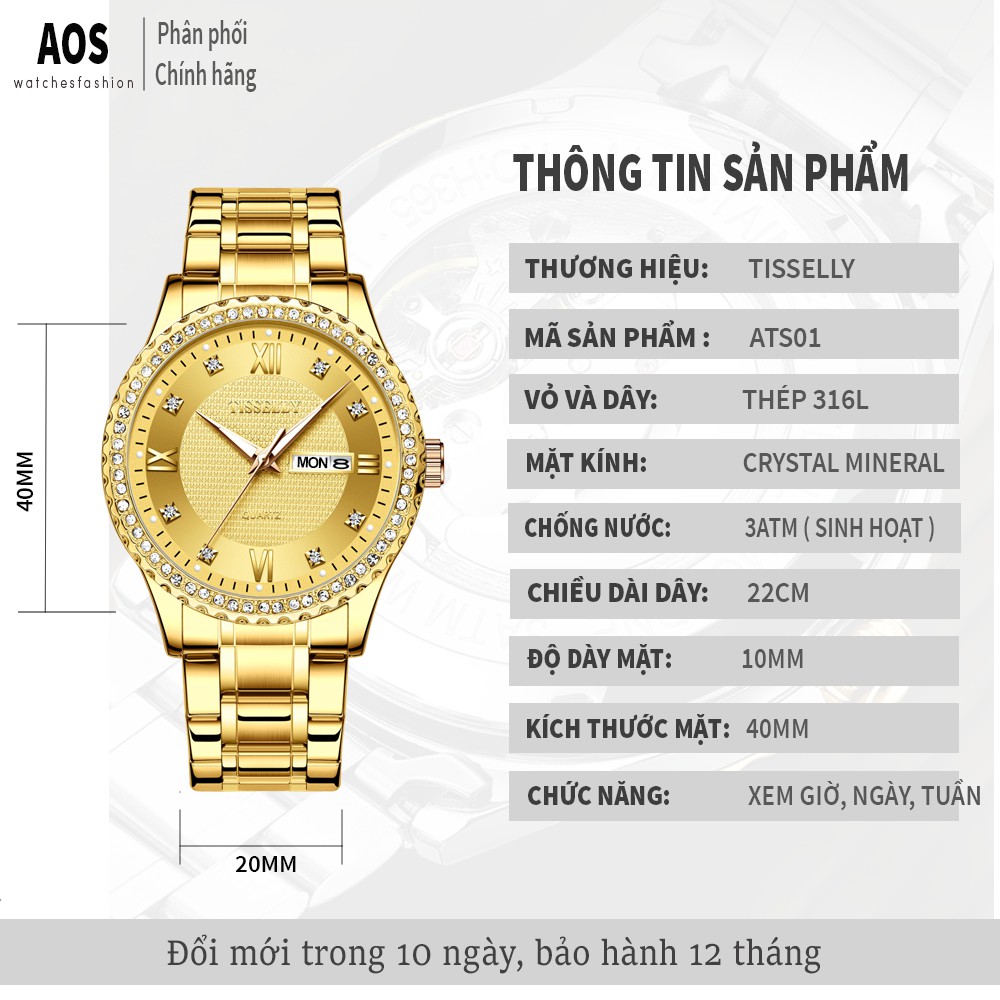 Đồng hồ nam TISSELLY mặt đính đá tuyệt đẹp, dây thép cao cấp bền màu ( Tặng kèm tháo mắc, tỳ hưu, Mã: ATS01 ) | BigBuy360 - bigbuy360.vn