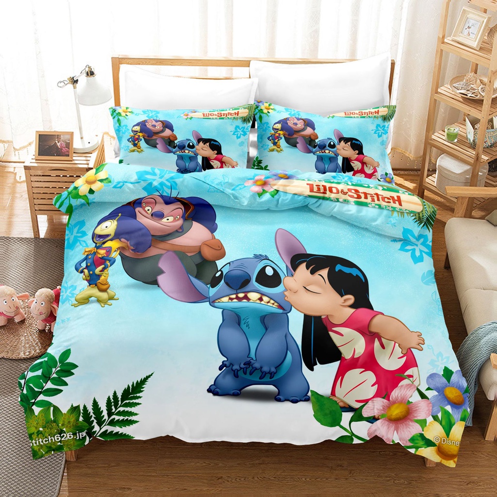 Bộ Chăn Ga Vỏ Gối In Hình LILO Và STITCH Dễ Thương Thoáng Khí