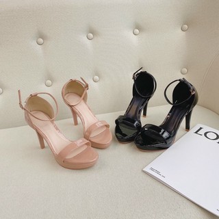 GIÀY SANDAL NỮ CAO GÓT THỜI TRANG QUAI NGANG DA BÓNG ĐẾ NHỌN ĐÚP 9 PHÂN - HAI MÀU ĐEN KEM