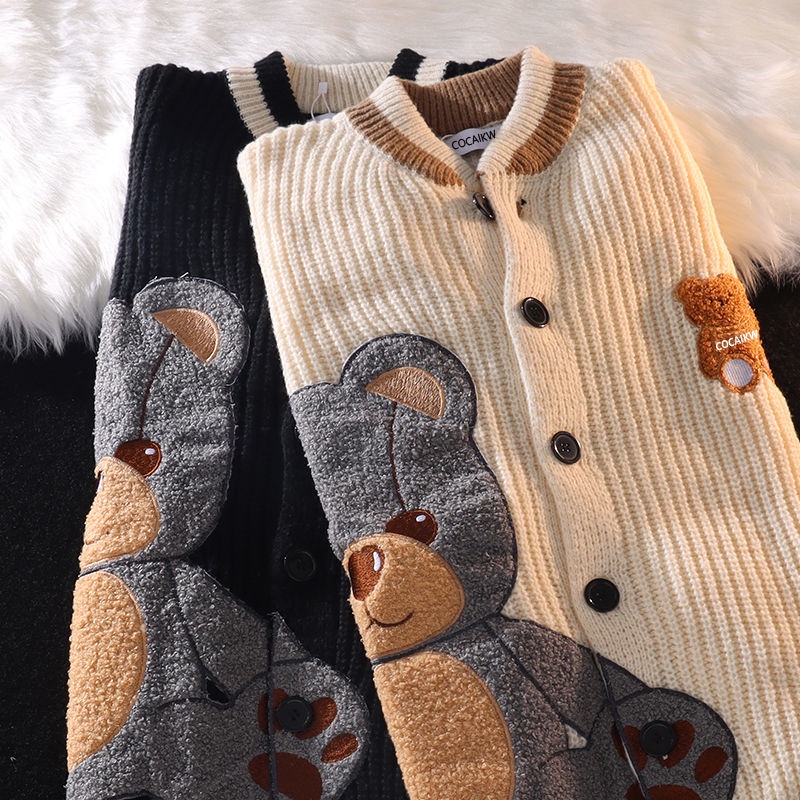Áo khoác cardigan cài nút in hình gấu kiểu dáng cổ điển cho nữ