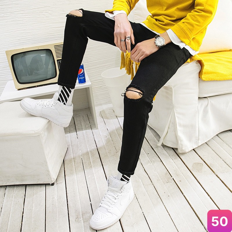 Quần jean nam lưng thun không rách gối màu xanh đậm trơn chất bò co dãn 4 chiều đẹp form skinny boy phố Havado H49 mới