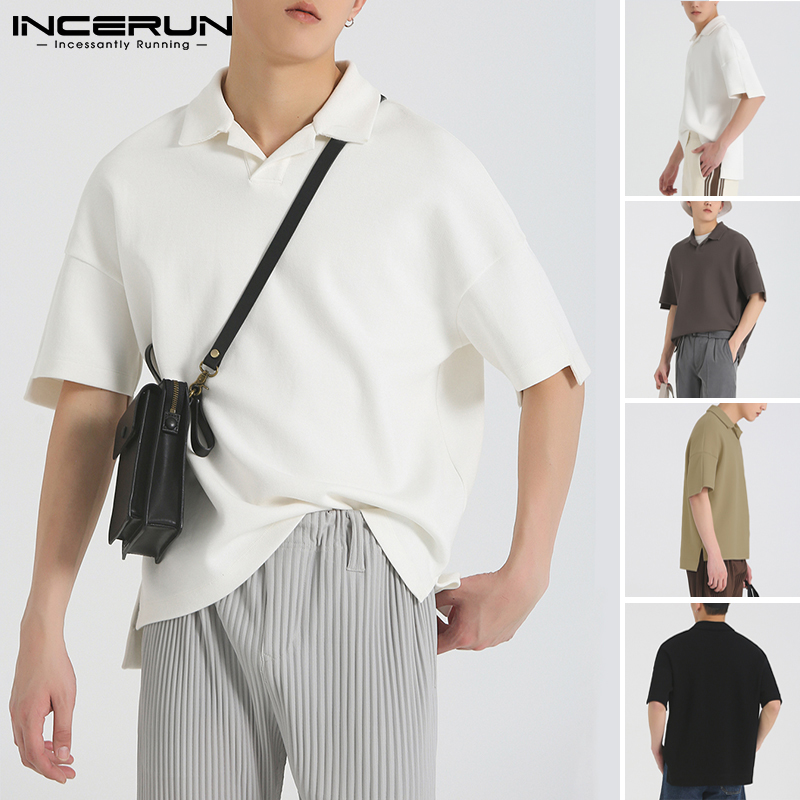 Áo Sơ Mi INCERUN Tay Ngắn Dáng Rộng Màu Trơn Cổ Lật Thời Trang Cho Nam