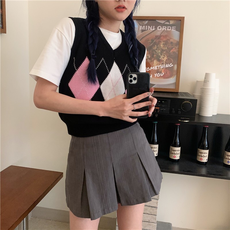 Áo dệt kim không tay màu sắc tương phản phong cách retro thời trang dành cho nữ