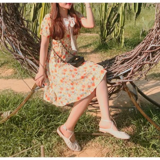 Váy hoa vintage hoa cam phối nơ