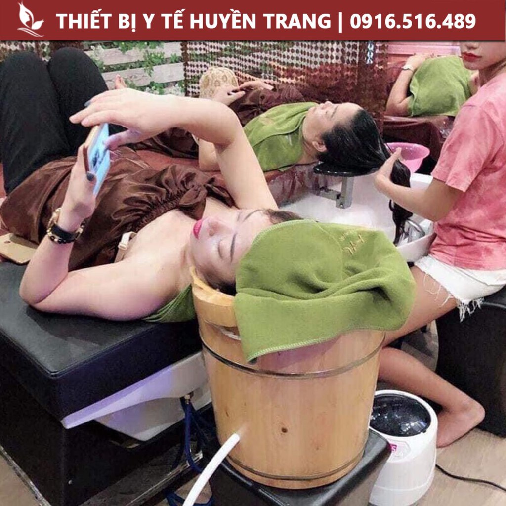 Combo chậu gỗ xông đầu và máy xông dùng trong spa thẫm mỹ viện