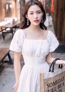 Đầm trắng cổ U bo eo form dài (kèm hình thật)