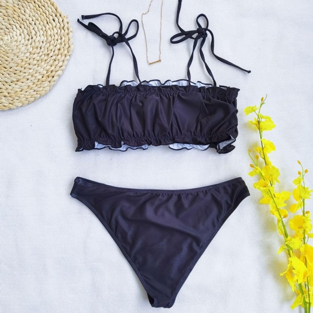 [BKN735] &lt;ÂU&gt; SET BIKINI ĐEN TIM NHÍ NƠ VAI