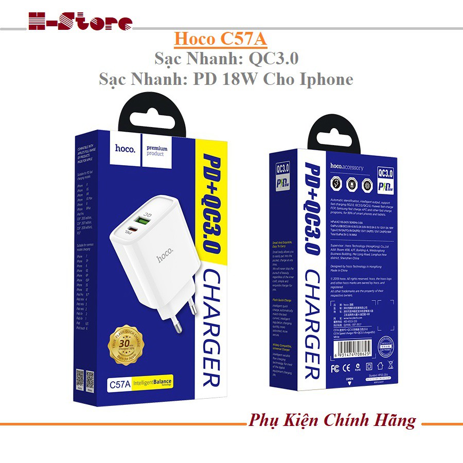 Củ Sạc Nhanh PD & Quick Charge QC3.0 Hoco C57A - Hỗ Trợ Sạc Nhanh PD 18W Cho Iphone