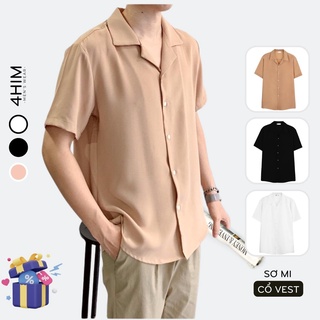 Áo sơ mi trắng đen cổ vest ngắn tay form rộng 4him sơ mi cổ vest unisex tay lỡ, chất vải lụa mịn mềm mại