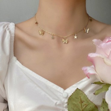 Vòng cổ choker mắt xích xi mạ vàng phối mặt bướm và ngôi sao thời trang cho nữ