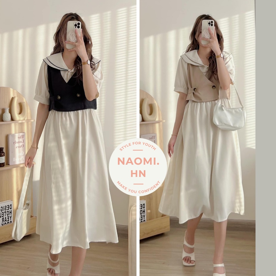 Váy babydoll dáng dài cổ thuỷ thủ mix kèm yếm 2 màu độc lạ. Váy sơ mi dáng dài babydoll kèm yếm { Mua 1 được 2 }