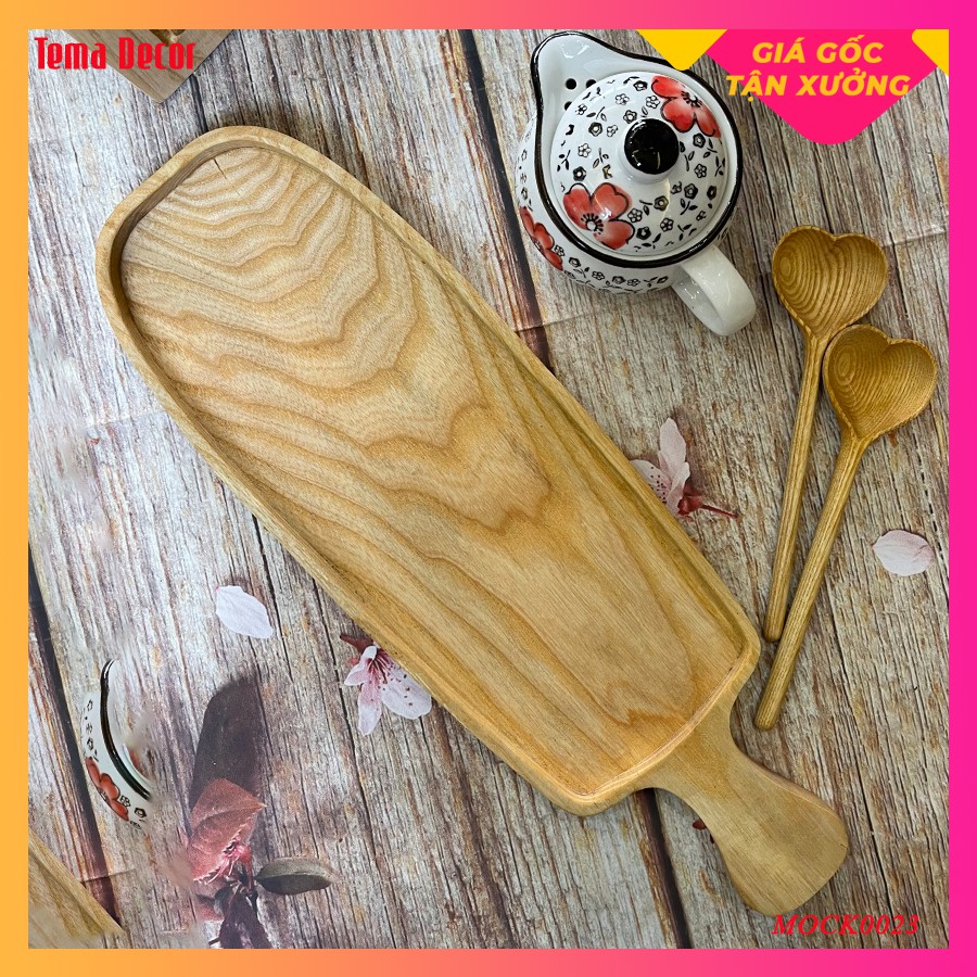 Khay gỗ decor Tema - Khay gỗ đựng đồ ăn gỗ tần bì hình oval có tay cầm tiện dụng