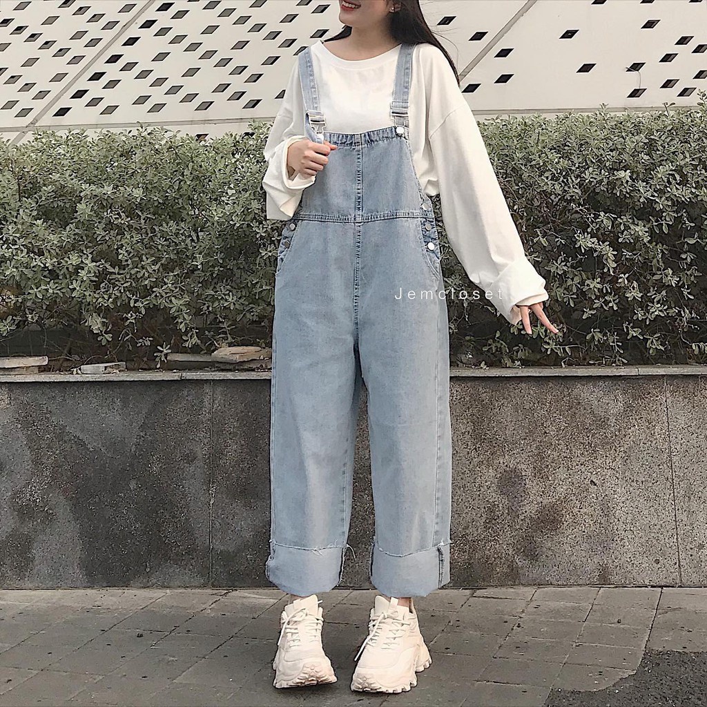 Quần Yếm Nữ Ống Rộng Nút Gài Yếm Quần Ống Suông Khuy Cài Yếm Jean Chất Dày Dặn Phong Cách Hàn Quốc 7130 GOUS  OFFICIAL