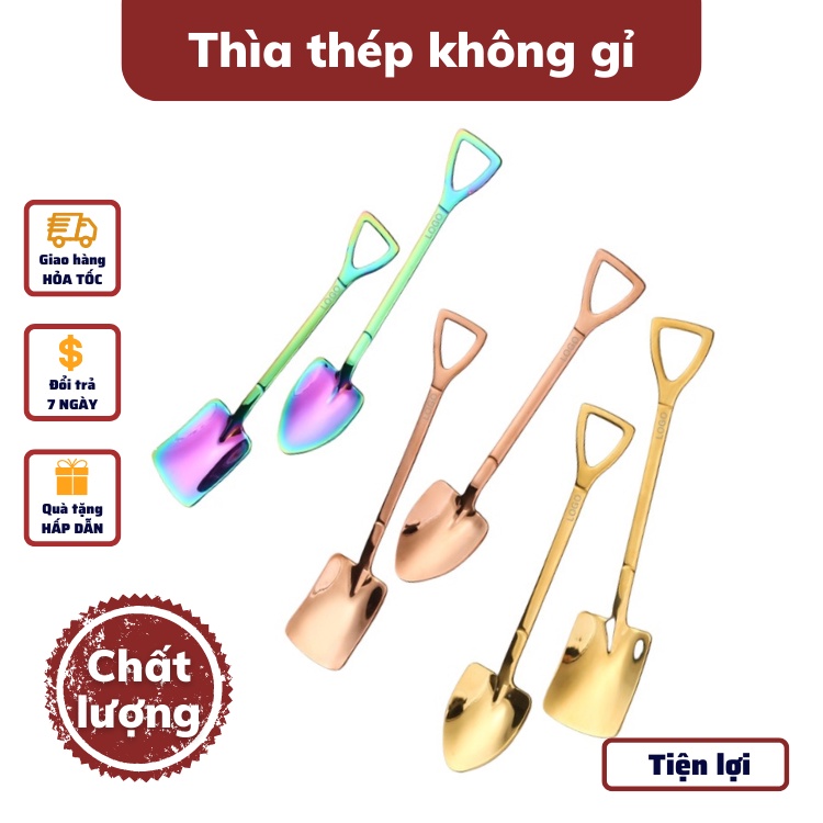 Thìa Xẻng Inox mạ vàng muỗng decor ăn hoa quả kem đồ khai vị bằng thép không gỉ cao cấp thiết kế sang trọng