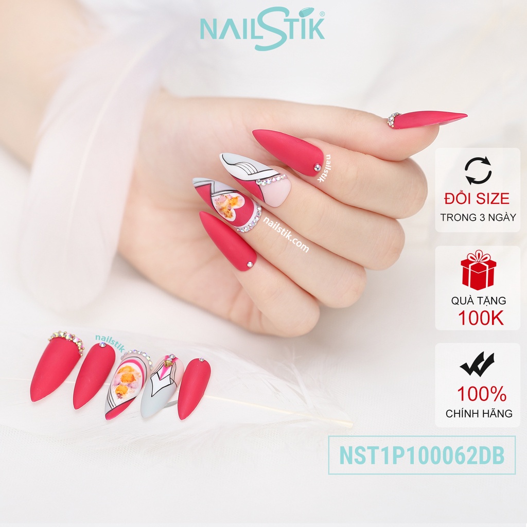 Móng úp thiết kế by NAILSTIK, màu hồng đậm xám, form móng bầu, dài 062
