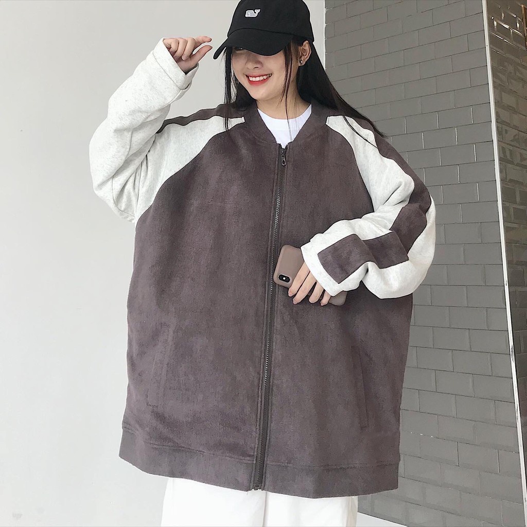 Áo Khoác Jacket Nữ Chất Nhung Dày Dặn Áo khoác Phối Tay Viền Trắng Form Rộng Phong Cách Cá Tính TION 1745