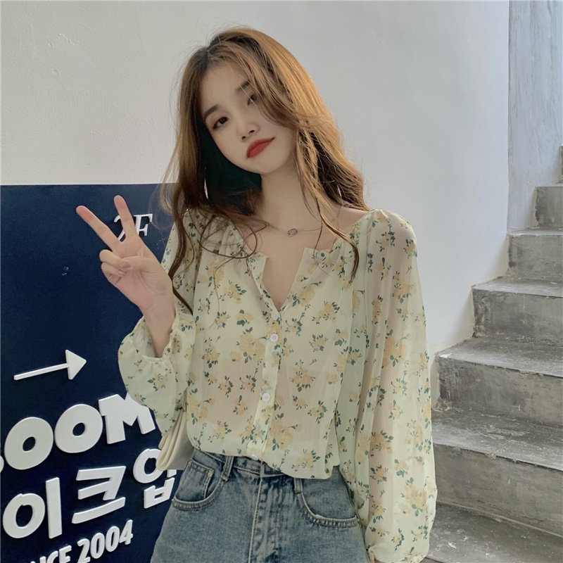 Áo Sơ Mi Chiffon Tay Dài Cổ Chữ V In Họa Tiết Hoa Nhí Xinh Xắn Phong Cách Retro 49662