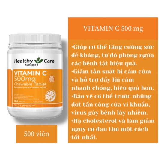 [Chính hãng] Viên Vitamin C Healthy Care hộp 500v - Hàng Úc