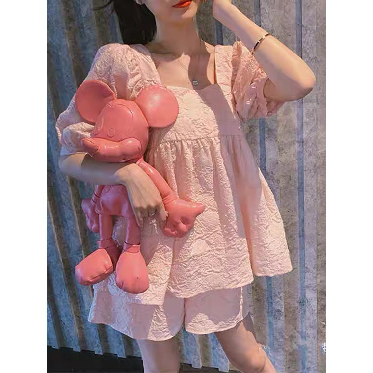 SET BỘ Bầu Babydoll đũi nhăn (cả quần ) hồng baby cho mẹ bầu( 43~70kg) xmay MjnHa