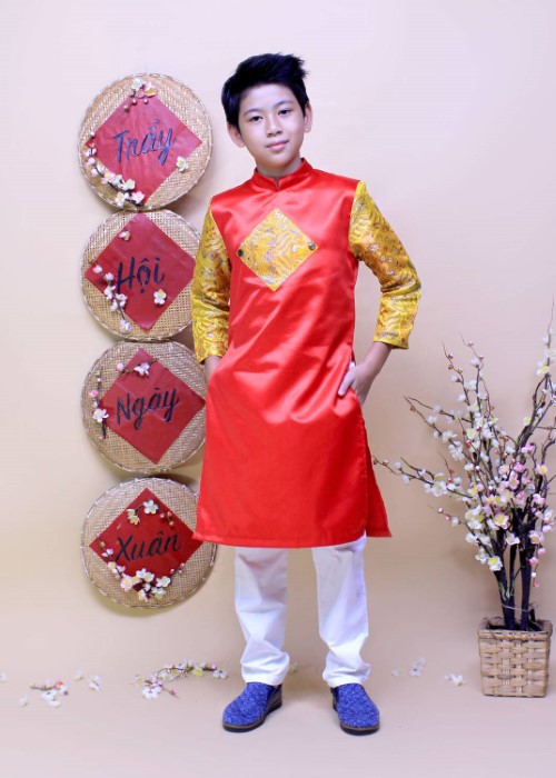 Áo dài bé trai phối rồng vàng may mắn đỏ TAD014 Jadiny