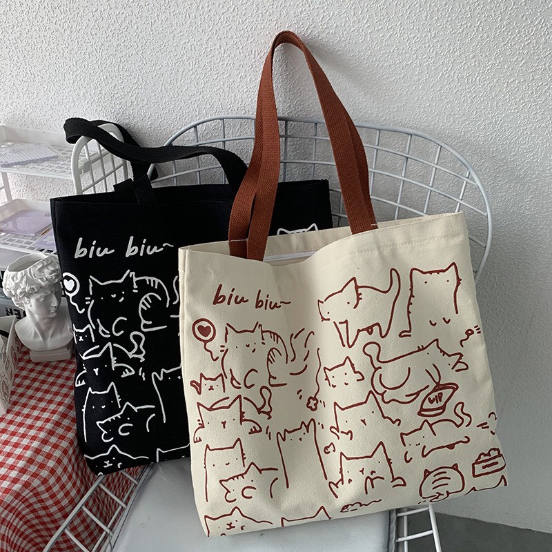 Túi Tote Vải Canvas Đeo Vai Size Lớn In Họa Tiết Mèo Siêu Đáng Yêu