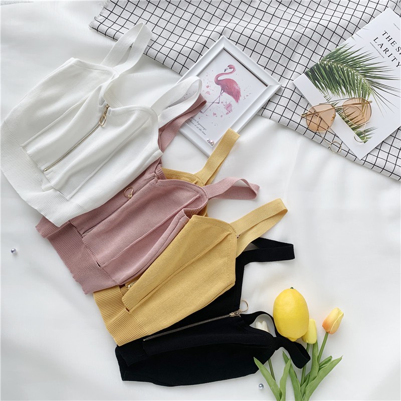 Áo Croptop dệt kim không tay phối khóa kéo | BigBuy360 - bigbuy360.vn