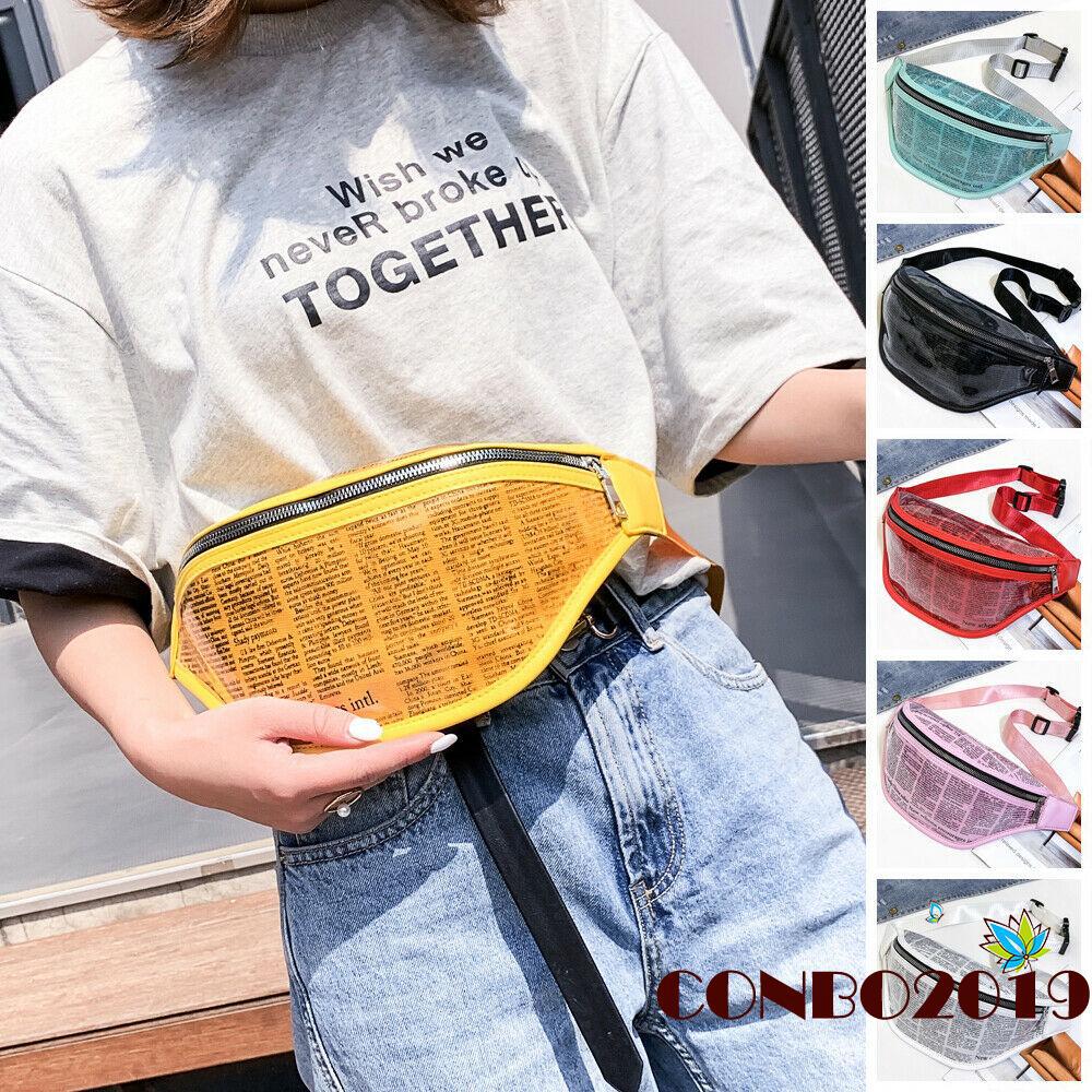 Túi đeo thắt lưng in chữ dạng báo phối PVC thời trang cho nữ