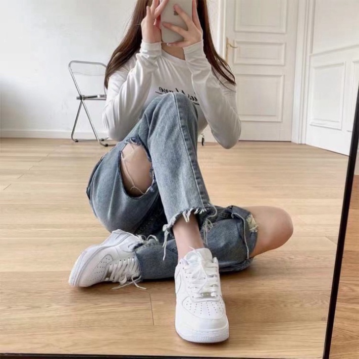 Quần Jeans Quảng Châu Nữ Rách Gối Form Ông Suông, Jean Baggy Cá Tính Năng Động
