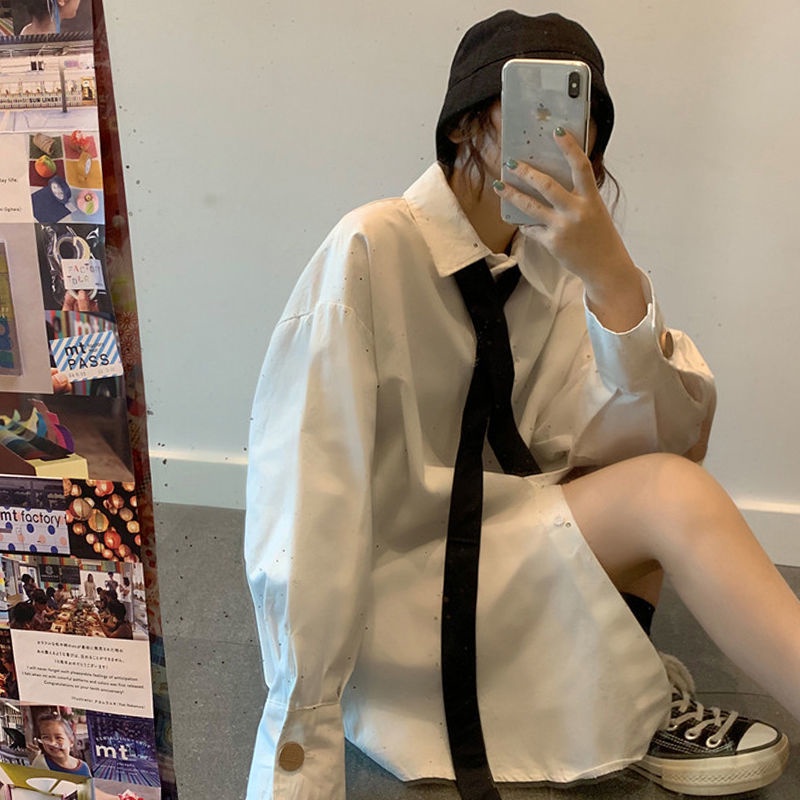 IELGY Áo sơ mi polo tay dài dáng rộng phong cách hàn quốc cổ điển