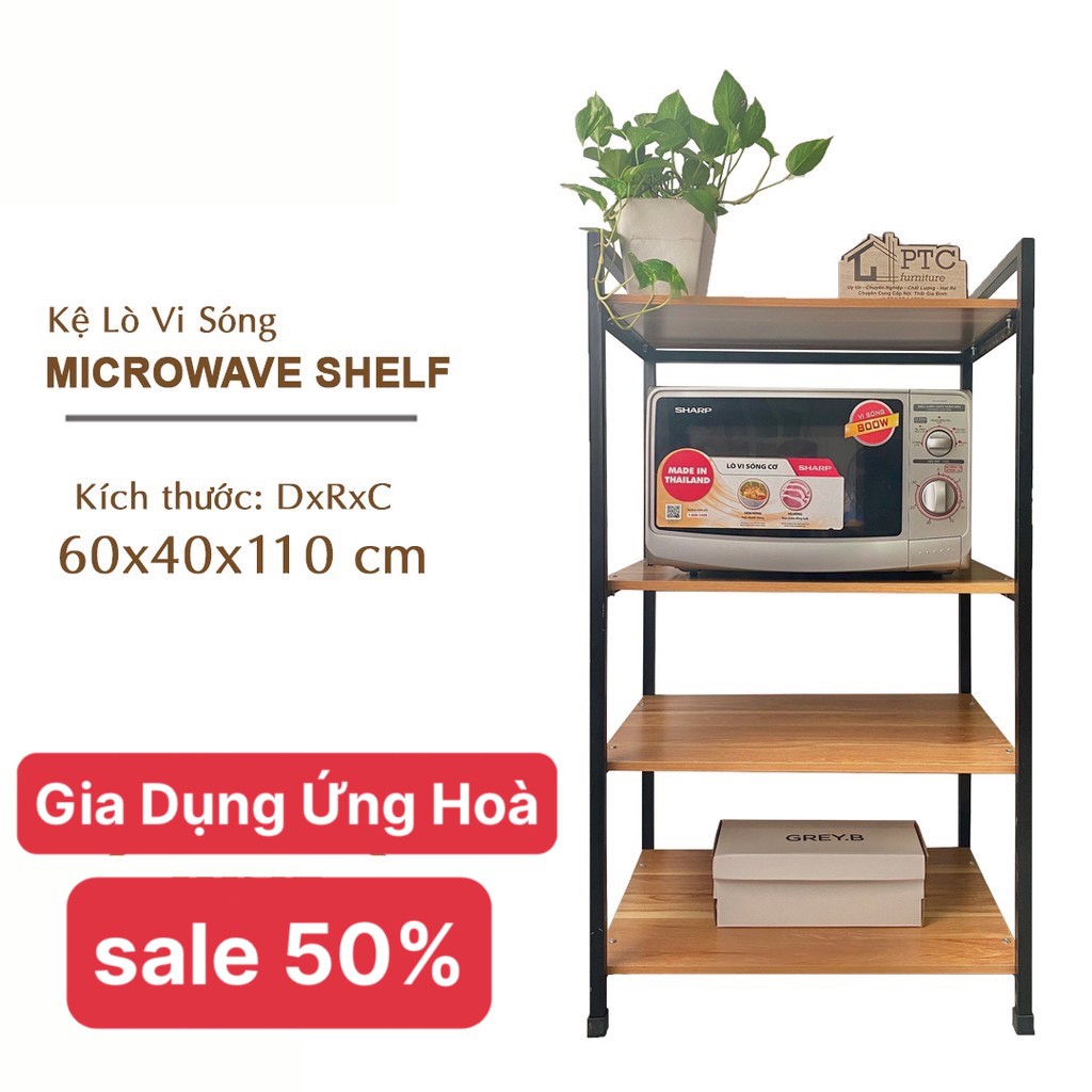 Kệ Lò Vi Sóng 4 Tầng Khung Sắt, Sàn Gỗ Cực Chắc Chắn